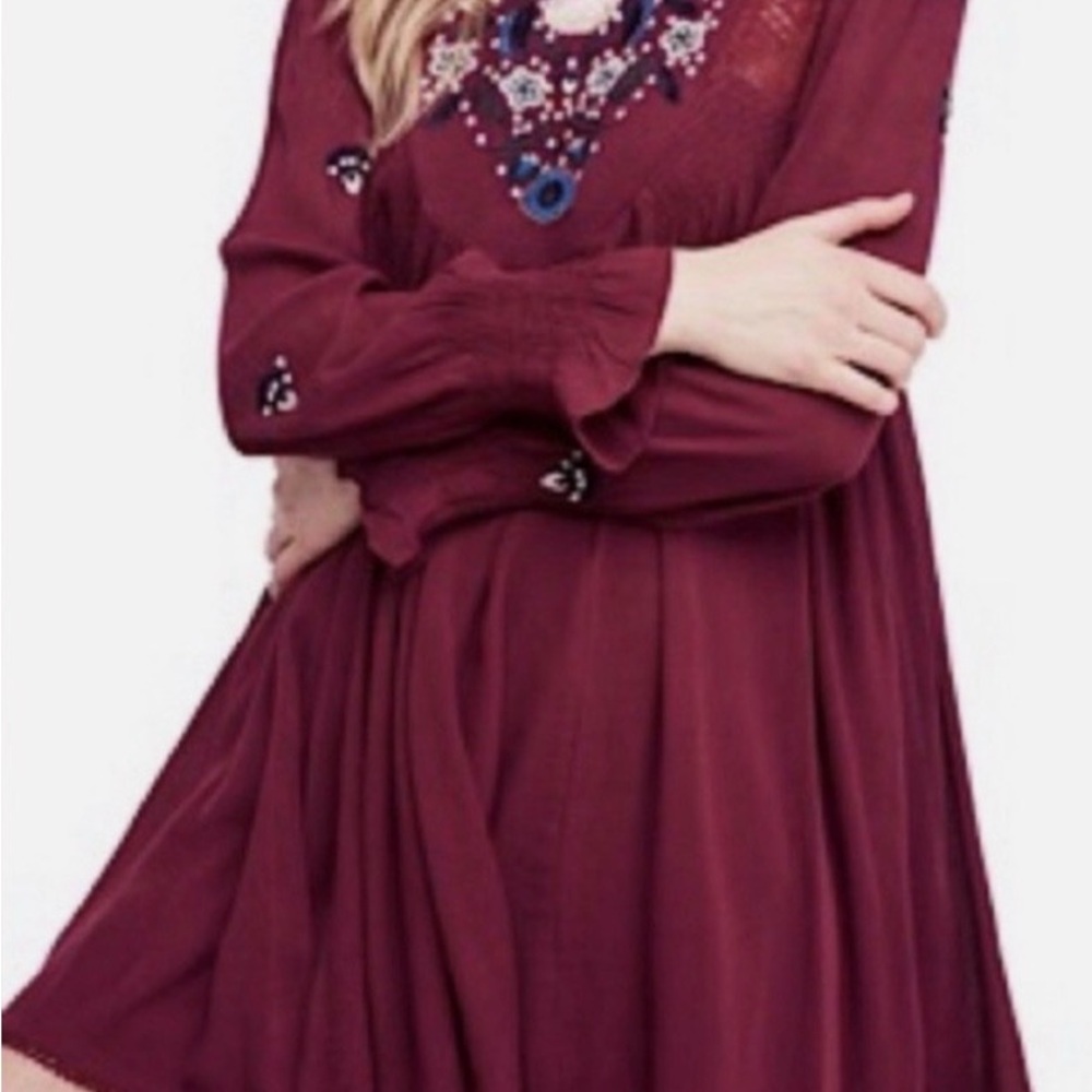 Free People Maroon Embroidered Long Sleeve Dress